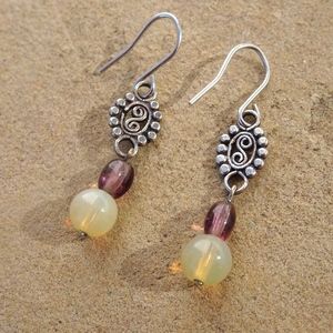 Opalescent & Purple Glass Bead Silver Plated Filigree Minimalist Dangle Earrings